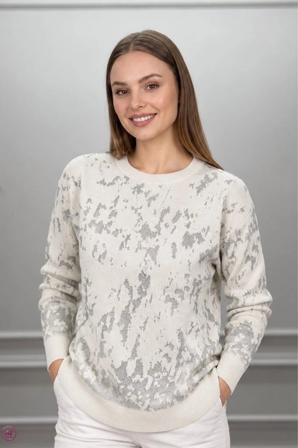 Women's Cream Gray Glitter-Detail Crew Neck Tie-Dye Pattern New Season Stretch Fabric Stretch Knit Sweater