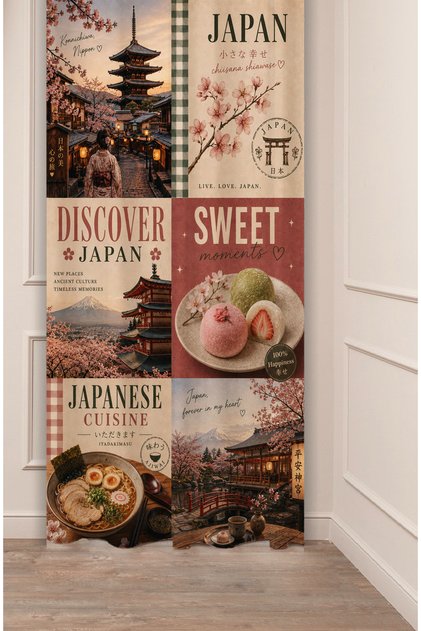 Apan / Sakura Flowers and Far East Inspired Chiisana Shiawase & Japan Themed Collage Digital Printed Background Curtain