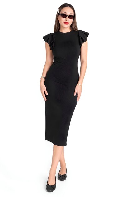 Black Ribbed Bodycon Midi Pencil Dress | Flounced Ruffled Short Sleeve | Crew Neck Slim Fit | 98% Cotton 2% Elastane Stretchy Camisole Knitted Sand