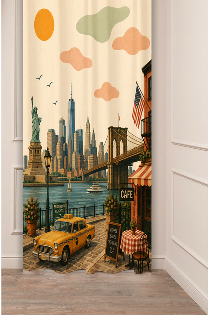 The Land of Yurts and Mountains Nomadic Highland Horses Patterned Colorful Digital Printed Background Curtain
