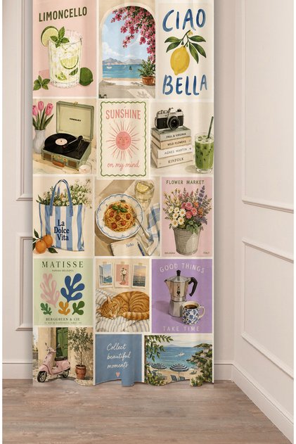 La Dolce Vita & Mediterranean Chronicles & Limoncello Concept Aesthetic Collage Retro Riviera & Ciao Bella Collage Patterned Digital Printed Background Curtain