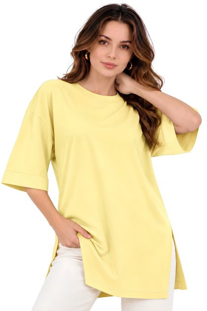 Women's Standard Size Double Sleeve Tile Color T-Shirt with Side Slits