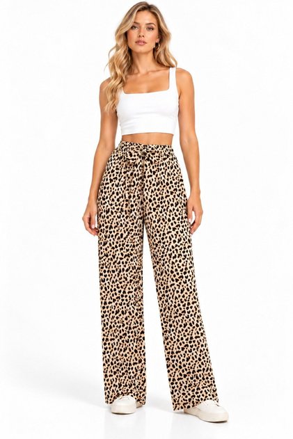 Leopard Print Women's Patterned Elastic Waist Tied Loose Leg Woven Trousers - Viscose