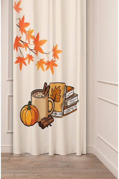 Book Autumn Golden Leaf Coffee Brown Cinnamon Patterned Special Design Digital Printed Style Background Curtain