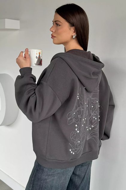 Gülseli Women's Front Zipper Hooded Embroidery and Stone Detailed Embroidered Sweatshirt