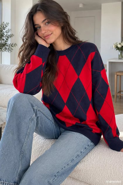 Women's Crew Neck Plaid Patterned Knitwear Sweater