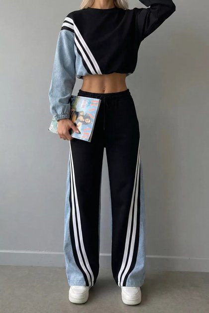 Denim Garnished Sweat Pants Double Set