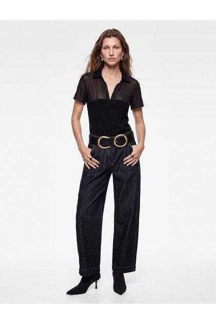 X Selected by Melis Ağazat - Slim Fit Short Sleeve Shirt Collar Viscose Blouse