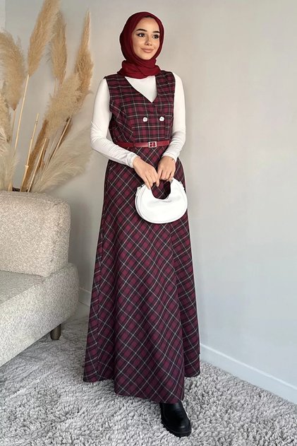Plaid Patterned Belted Hijab Gile Dress