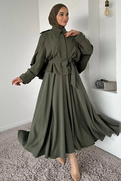 Jacket with Cape and Belt, Skirt, Hijab, Two-Piece Set