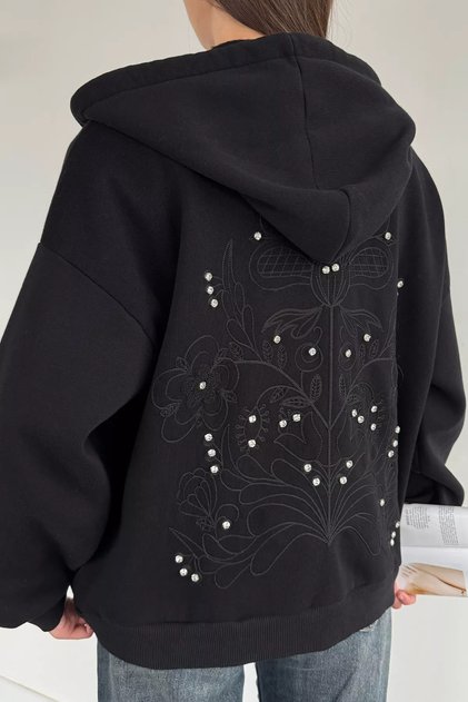 Gülseli Women's Front Zipper Hooded Embroidery and Stone Detailed Embroidered Sweatshirt