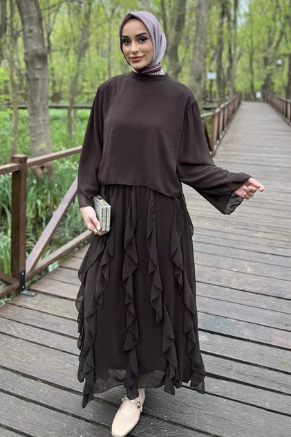 Lined Ruffle Detailed Chiffon Skirt Blouse Double Set