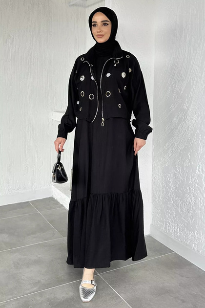 Gülseli Plain Dress Stone Embellished Jacket Hijab Double Set
