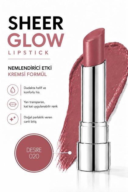 Sheer Glow Lipstick - Moisturizing Lipstick with a Glossy Finish - Desire - 020