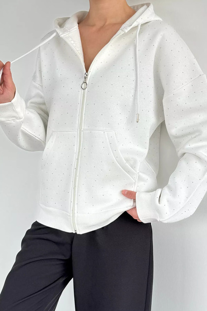 Women's Stone Embroidered Hooded Sweatshirt with Front Zipper