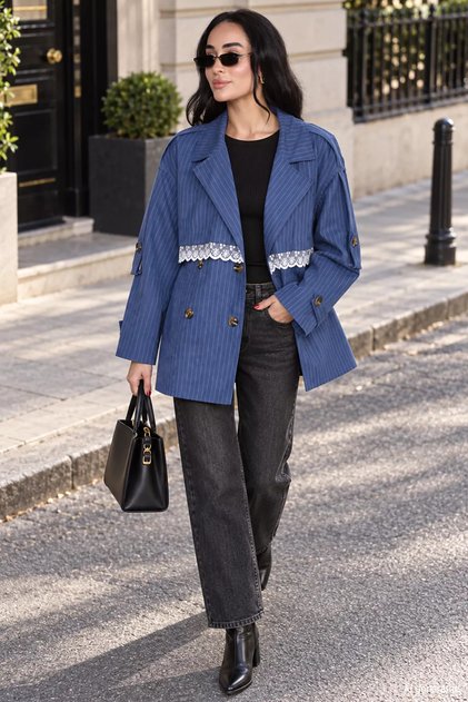 Lace Detailed Striped Trench Coat