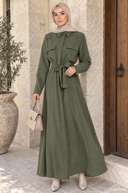 Polo Collar Waist Belted Double Pocket Hijab Dress