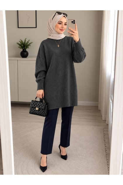 Anthracite Crew Neck Oversized Women's Knitwear Tunic