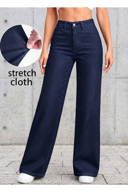 Navy Blue Women's High-Waisted Palazzo Jeans, Lycra Loose-Fit Wide-Leg Pants - Quality Fabric, Durable Stitching, Special Washing