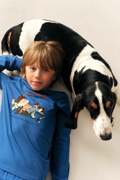 Boy's Cobalt Blue Paws&Play Cotton Long Sleeve 2-Piece Pajama Set