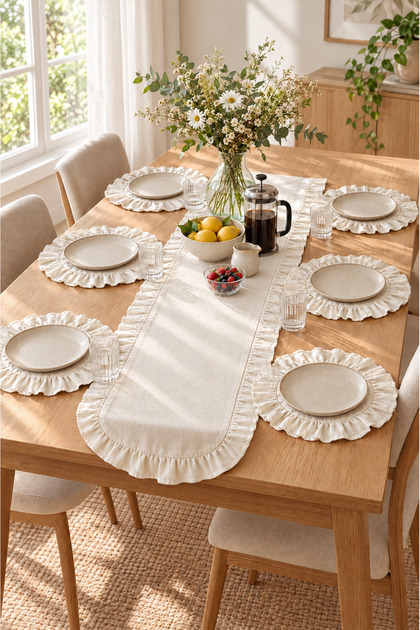 Ruffled Linen Runner and 6-Piece Ruffled Placemat Set 7-Piece American Service Dowry Set Runner