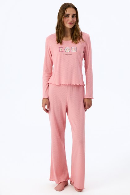 Pink Dusty Rose Cotton Pointel Slogan Patterned Short Sleeve T-Shirt Pajama Top