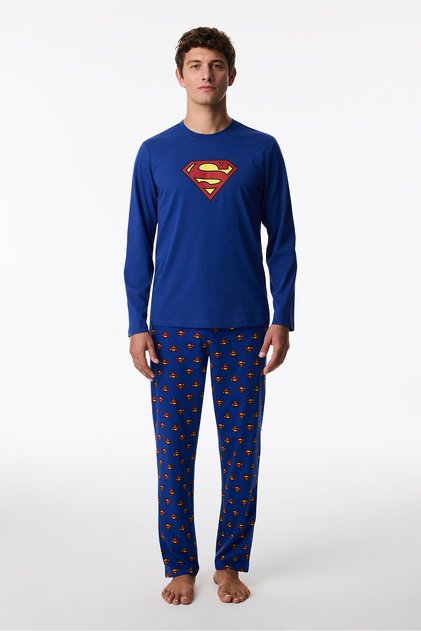 Men's Superman Plaid Pants Long Sleeve Pajama Set
