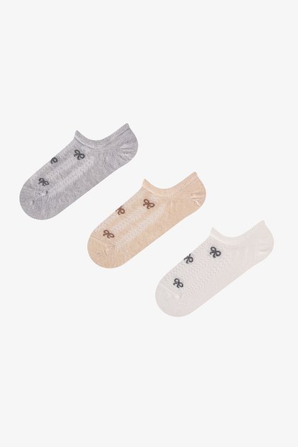 3 Çift Burun Dikişsiz Pamuklu Kendinden Fiyonk Desenli Sneaker Çorap