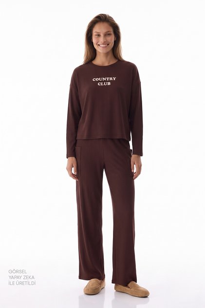 Brown Country Club Striped Pants Long Sleeve Pajama Set
