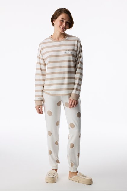 Beige Heart Breaker Striped Long Sleeve Pajama Top