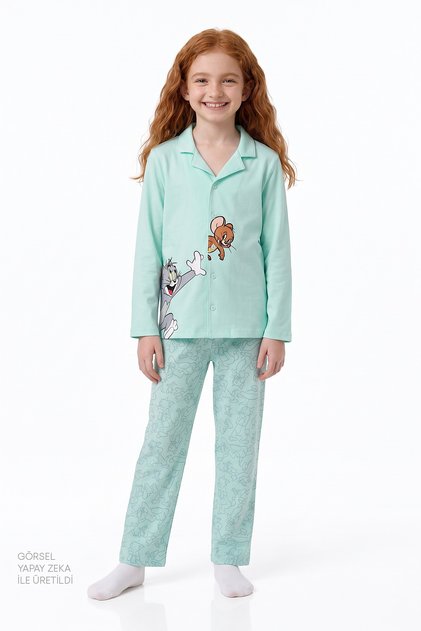 Unisex Kids Mint Green Tom&Jerry Printed Long Sleeve Buttoned Shirt Pants Pajama Set