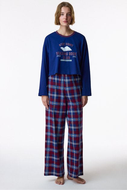 Navy Blue Reading Time Plaid Cotton Trousers Long Sleeve Pajama Set