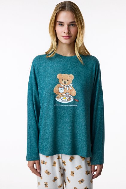 Green Happy Bear Long Sleeve Pajama Top