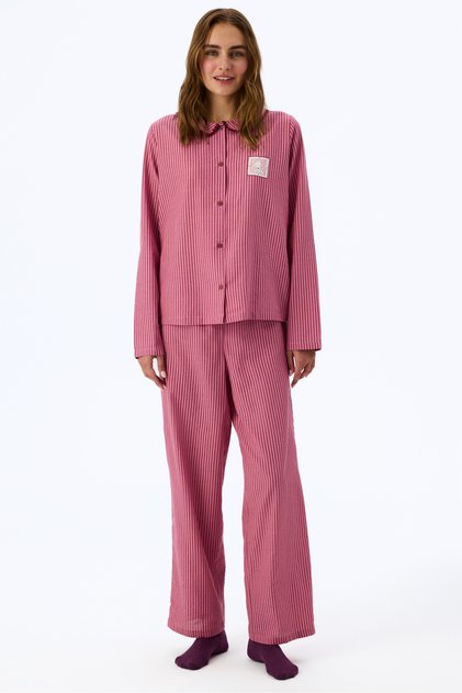 Dusty Rose Rosy Cotton Long Sleeve Buttoned Shirt Pants Pajama Set