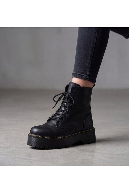 Martines Black Women's Lace-Up Zipper Detailed Leather Boots