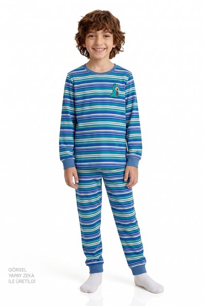 Boy's Blue Striped Lovers Cotton Long Sleeve 2-Piece Pajama Set