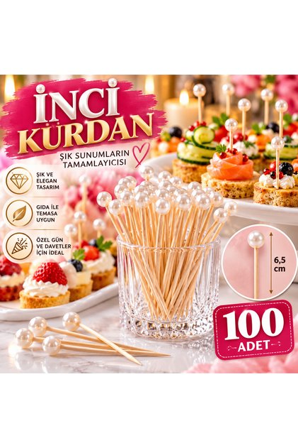 100 Adet Boncuk Incili Lokumluk Kürdan Süsü 6,5 Cm Nişan Söz Doğum Günü