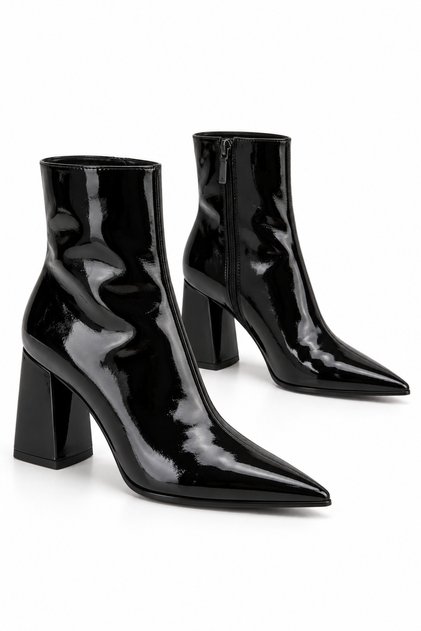 Women's New Season Patent Leather Pointed Toe Vittoriá Black Heeled Zippered Boots