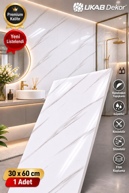Kendinden Yapışkanlı Mermer Seramik Desenli Köpük PVC Duvar Paneli (30x60 cm) Banyo Mutfak 60013