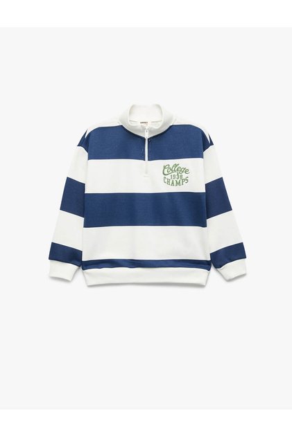 Half Zipper High Collar Oversize Striped Ecru Boys' Sweatshirt 7Wkb10051Tk