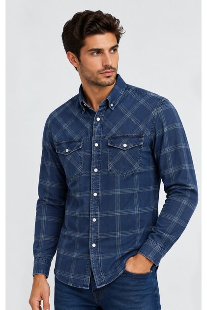 Erkek Denim Ekose Pamuklu Çıtçıt Düğmeli Slim Fit Uzun Kollu Gömlek