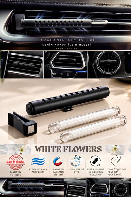 WHITE FLOWERS - Premium Araba Kokusu - Klima Izgarasına Takılabilen Metal Gövde Difüzör - Universal Klipsli - Değiştirilebilen Kokular ve Kartuş Sistemli