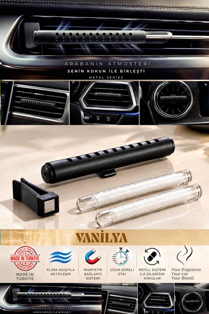 Vanilla - Premium Araba Kokusu - Klima Izgarasına Takılabilen Metal Gövde Difüzör - Universal Klipsli - Değiştirilebilen Kokular ve Kartuş Sistemli