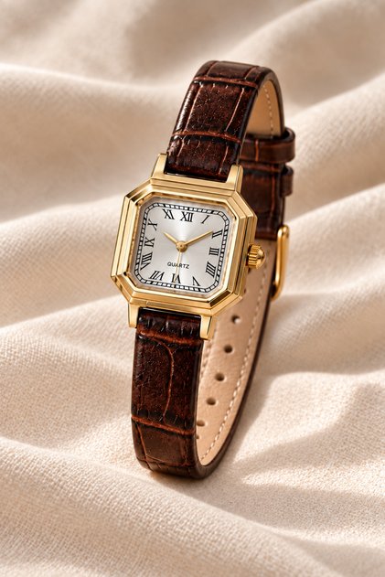 Bonit Minimal Women Wristwatch Brown Leather Band Gold Color Cornered Case Roman Numeral Classic Vintage Elegant Analog Watch