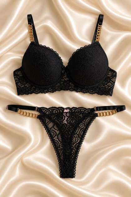 Women's Black Lace Chain Detailed Underwire Supported Padded Bra Set Underwear Set