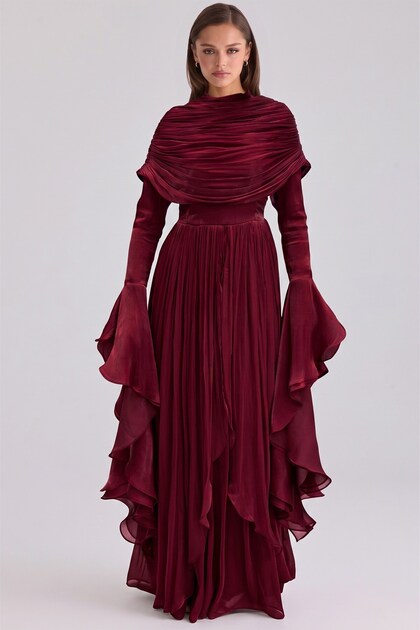 Detachable Shawl Detailed Sleeves with Ruffles Yoryo Silk Hijab Evening Dress Dark Bordo 1245