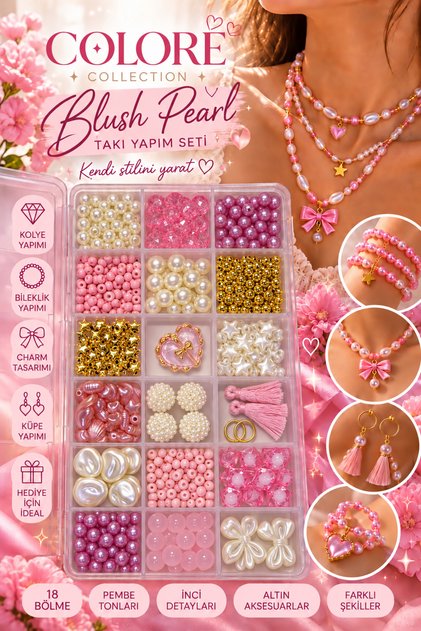 🩷   By Mo Coloré Collection Blush Pearl – 18 Compartment Jewelry Making Hobby Set with Pink Pearl & Gold Detailing