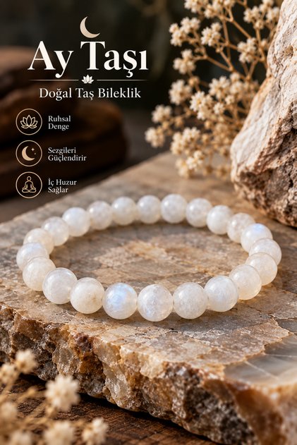 Ay Taşı ( Dişil ve Eril Enerji ) AA Gerçek Doğal Taş Bileklik 8 mm
