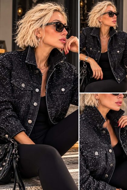 Shine Collection Black Denim Cropped Jacket with Crystal Batwing Sleeves