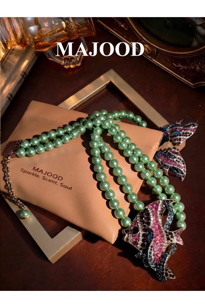 Vintage Tropical Fish Jewelry Set for Women, Green Pearl & Colorful Stones Necklace Earrings with Gift Bag